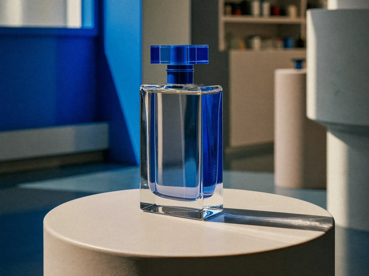 En klar parfumeflakon på en mat piedestal i en minimalistisk butik med koldt blåt lys